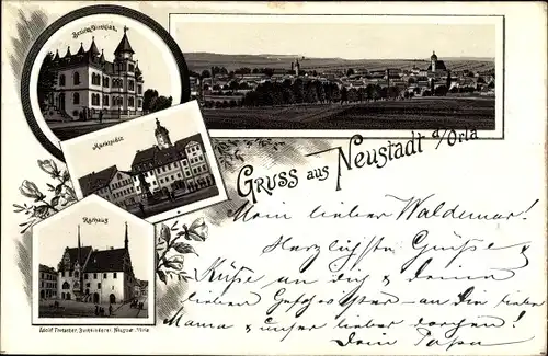 Litho Neustadt an der Orla, Marktplatz, Rathaus, Bezirksdirektion