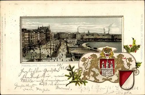 Präge Wappen Passepartout Litho Hamburg, Jungfernstieg, Alsterpavillon, Stechpalme