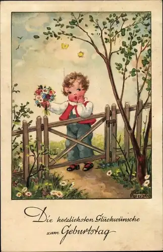 Künstler Ak Petersen, Hannes, Glückwunsch Geburtstag, Junge mit Blumenstrauß