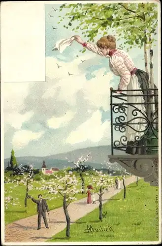 Künstler Litho Mailick, Winkende Frau auf einem Balkon