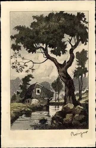 Künstler Ak Landschaft mit Fluss und Gebäude