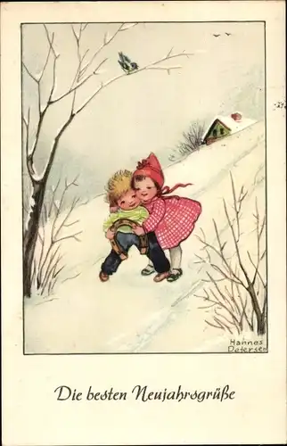 Künstler Ak Petersen, Hannes, Glückwunsch Neujahr, Junge, Mädchen, Hufeisen