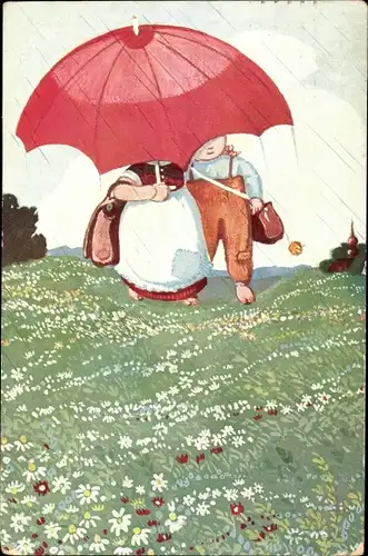 Künstler Ak Mauder, Joseph, Mairegen, Kinder unter rotem Regenschirm