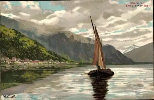 Künstler Litho Mailick, Clarens am Garner See, Segelboot, Ortschaft