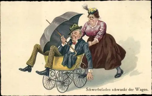 Ak Schwebeladen schwankt der Wagen, Frau schiebt betrunkenen Mann im Kinderwagen