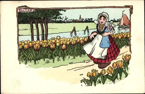 Künstler Ak Williams, Dick, Mädchen mit Puppe in niederländischer Tracht, Tulpen