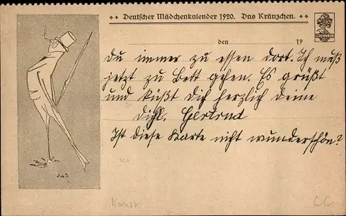 Ak Vermenschlichter Vogel im Frack, Deutscher Mädchenkalender 1920, Das Kränzchen