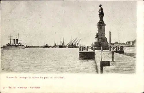 Ak Port Said Ägypten, Statue de Lesseps et entree du port, Dampfer, Kriegsschiffe