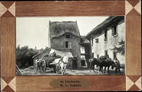 Passepartout Ak Limburg Niederlande, Bauernhof, Fuhrwerk, Pferde