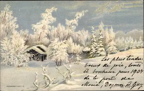 Künstler Litho Dorfpartie im Winter, Winterszene, Wohnhaus, Schnee