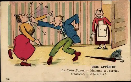 Ak Boxe Aperitif, La Petite Bonne, Madame est servie, Ehemann schlägt Frau