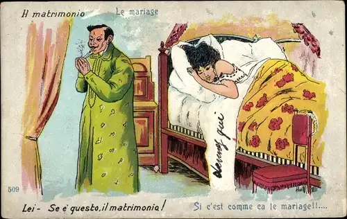 Ak Le mariage, Si c'est comme ca le mariage, rauchender Mann, Frau im Bett