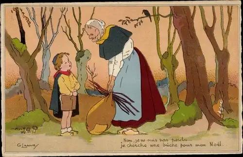 Künstler Ak Laurey, Je cherche une buche pour mon Noel, alte Frau und Junge
