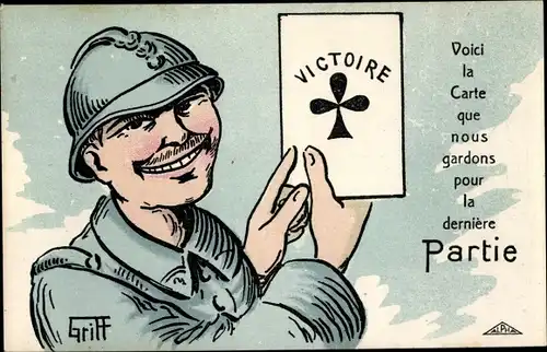 Künstler Ak Griff, Victoire, französischer Soldat mit Spielkarte