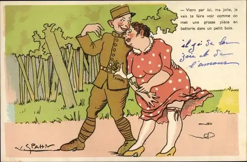 Künstler Ak Spahn, Französischer Soldat mit dicker Frau