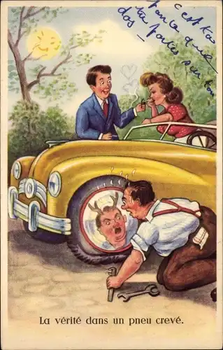 Künstler Ak La vérité dans un pneu crevé, Platter Reifen, Ehebetrug