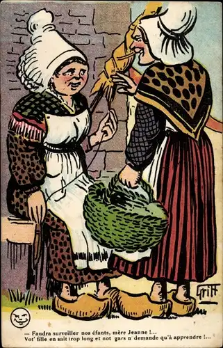 Künstler Ak Griff, Frauen in französischer Tracht beim Spinnen, Korb, Faudra surveiller nos efants..