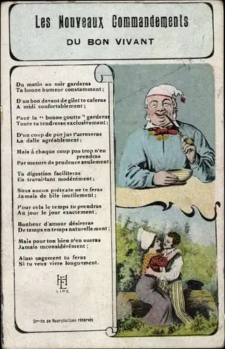 Ak Les Nouveaux Commandements du Bon Vivant, 10 Gebote, Liebespaar, Frankreich