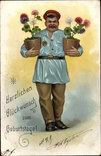 Litho Glückwunsch Geburtstag, Expressbote mit Kleeblättern