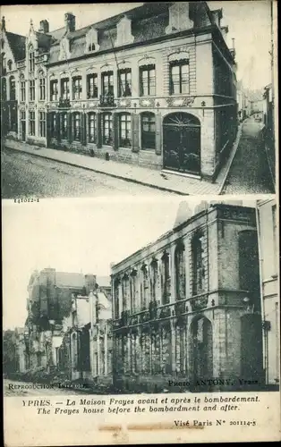 Ak Ypres Ypern Flandern, La Maison Frayes avant et apres le bombardement