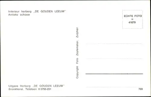 Ak Bronkhorst Bronckhorst Gelderland, Interieur herberg De Gouden Leeuw, Antieke schouw