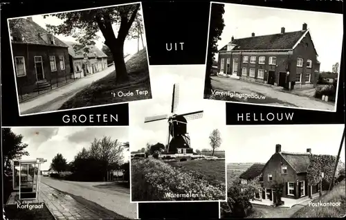 Ak Hellouw Gelderland, 't Oude Terp, Verenigingsgebouw, Korfgraaf, Watermolen, Postkantoor