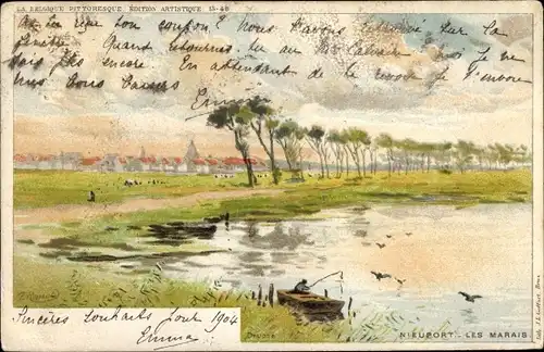 Künstler Ak Ranot, Nieuport Nieuwpoort Westflandern, Les Marais, Angler