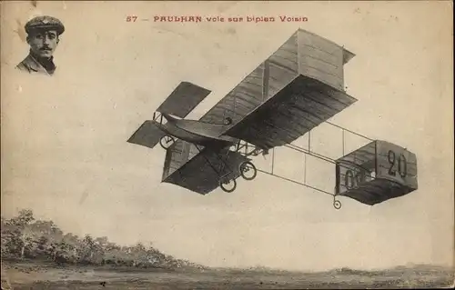 Ak Aviateur Paulhan vole sur biplan Voisin, Flugpionier, Doppeldecker