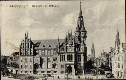 Ak Gelsenkirchen im Ruhrgebiet, Ahstraße mit Rathaus, Straßenbahn