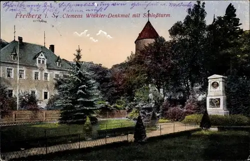 Ak Freiberg in Sachsen, Clemens Winkler-Denkmal mit Schlossturm