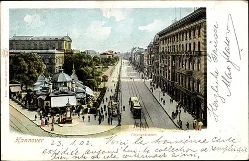 Ak Hannover in Niedersachsen, Georgstraße, Vogelperspektive, Straßenbahn