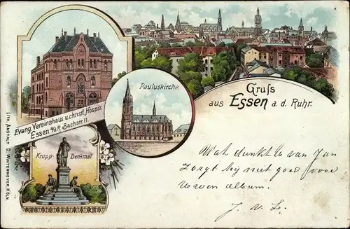 Litho Essen im Ruhrgebiet, Stadtbild, Kruppdenkmal, Pauluskirche, Evang. Vereinshaus