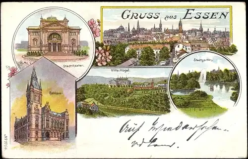 Litho Essen im Ruhrgebiet, Stadttheater, Rathaus, Villa Hügel, Stadtgarten