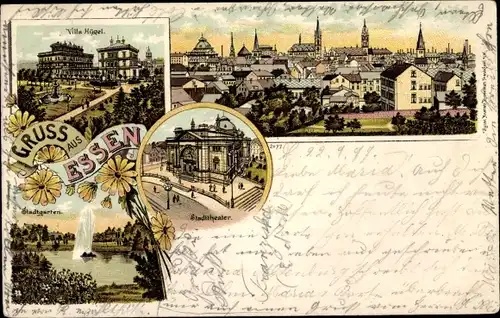 Litho Essen im Ruhrgebiet, Villa Hügel, Stadttheater, Totalansicht, Stadtgarten