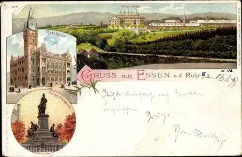 Litho Essen im Ruhrgebiet, Villa Hügel, Rathaus, Krupp Denkmal