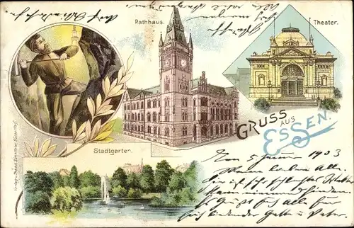 Litho Essen im Ruhrgebiet, Rathaus, Theater, Stadtgarten