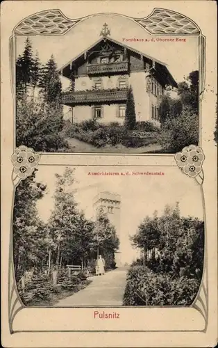 Ak Pulsnitz im Kreis Bautzen, Forsthaus, Aussichtsturm a. d. Schwedenstein