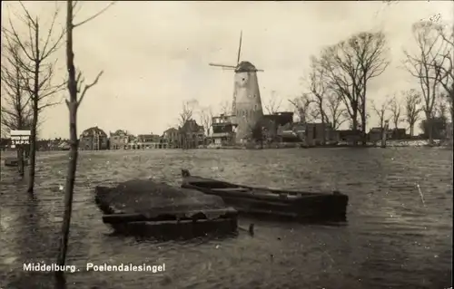 Ak Middelburg Zeeland Niederlande, Poelendalesingel, Windmühle, Hochwasser