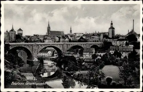 Ak Bautzen in der Lausitz, Gesamtansicht, Brücke