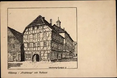 Künstler Ak Eschwege an der Werra Hessen, "Stadtwage" und Rathaus, Fachwerkhaus