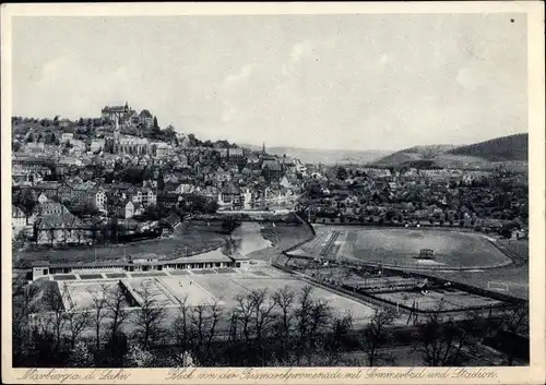 Ak Marburg an der Lahn, Blick von der Bismarckpromenade mit Sommerbad und Stadtion