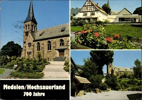 Ak Medelon Medebach im Sauerland, Kirche, Geschäfte, Bäckerei Frankenstein, Ortspartie