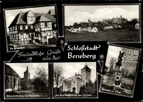 Ak Bensberg Bergisch Gladbach, Am Burggraben, Blick auf alte Burg vom Markplatz, Ehrenmal am Schloss