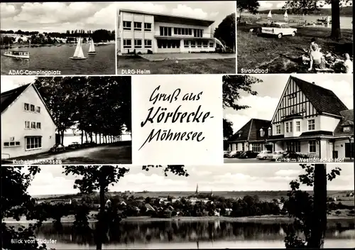 Ak Körbecke Möhnesee in Nordrhein Westfalen, ADAC-Campingplatz, DLRG-Heim, Strandbad, Kurheim