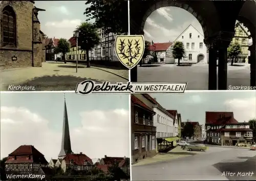 Ak Delbrück in Ostwestfalen, Kirchplatz, Wappen, Sparkasse, Wiemenkamp, Alter Markt