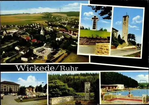 Ak Wickede an der Ruhr, Ortsansicht, Kreuz, Kirche, Marktplatz, Schwimmbad