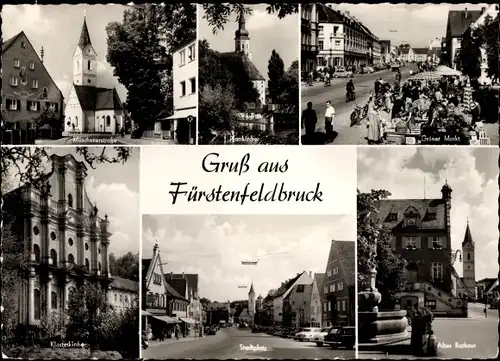 Ak Fürstenfeldbruck in Oberbayern, Pfarrkirche, Grüner Markt, Klosterkirche, Stadtplatz