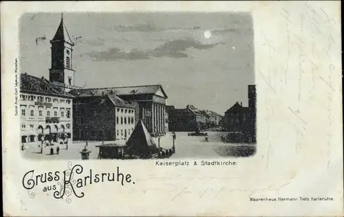 Mondschein Ak Karlsruhe in Baden, Kaiserplatz, Stadtkirche, Nacht