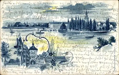 Mondschein Litho Konstanz am Bodensee, Tor, Blick auf die Stadt, Segelboote