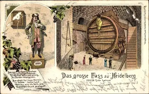 Litho Heidelberg am Neckar, Perkeo, Das große Fass, Wanduhr